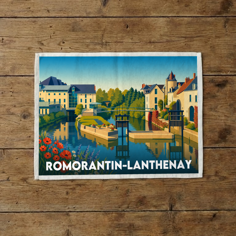 Torchon souvenir de la ville de Romorantin-Lanthenay avec une illustration stylisée de son paysage au bord de l'eau.