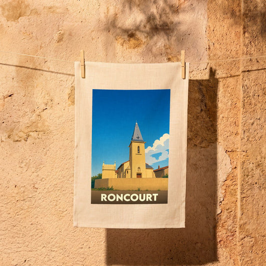 Torchon souvenir de la ville de Roncourt orné d'une illustration stylisée de son église.