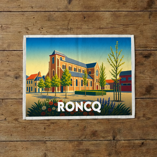Torchon souvenir de la ville de Roncq avec une illustration stylisée de son église.