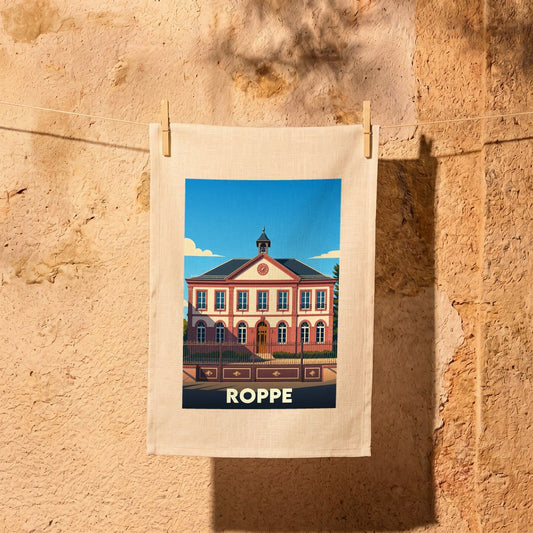 Torchon souvenir de la ville de Roppe illustré d'un bâtiment historique au style vintage.
