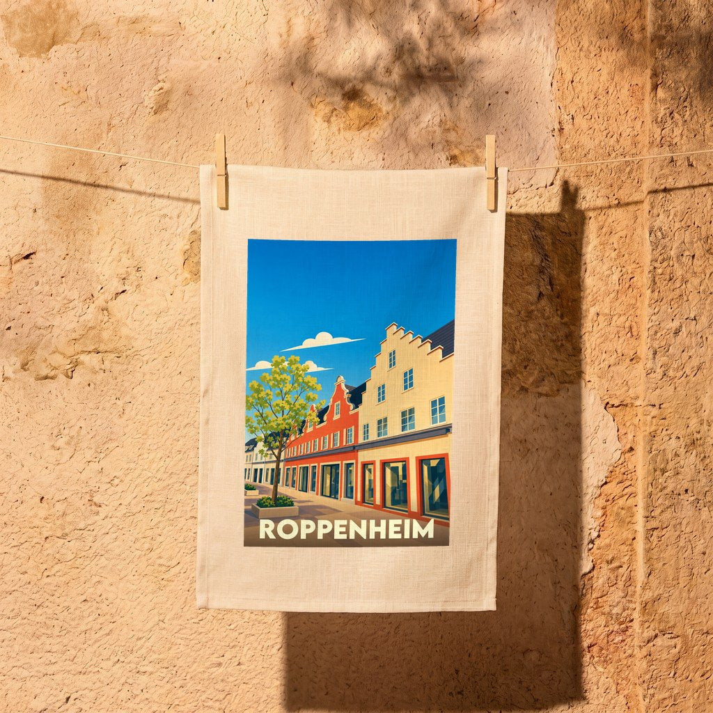 Torchon souvenir de la ville de Roppenheim avec une illustration stylisée de bâtiments traditionnels alsaciens.