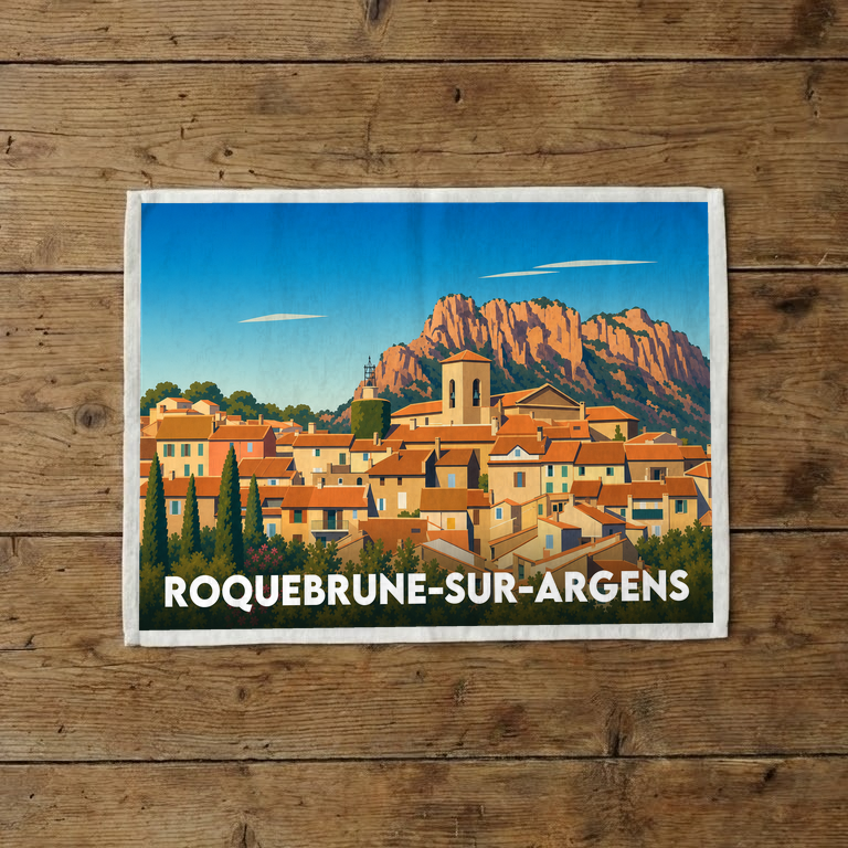 Torchon souvenir de la ville de Roquebrune-sur-Argens avec une illustration stylisée du village et de son rocher.