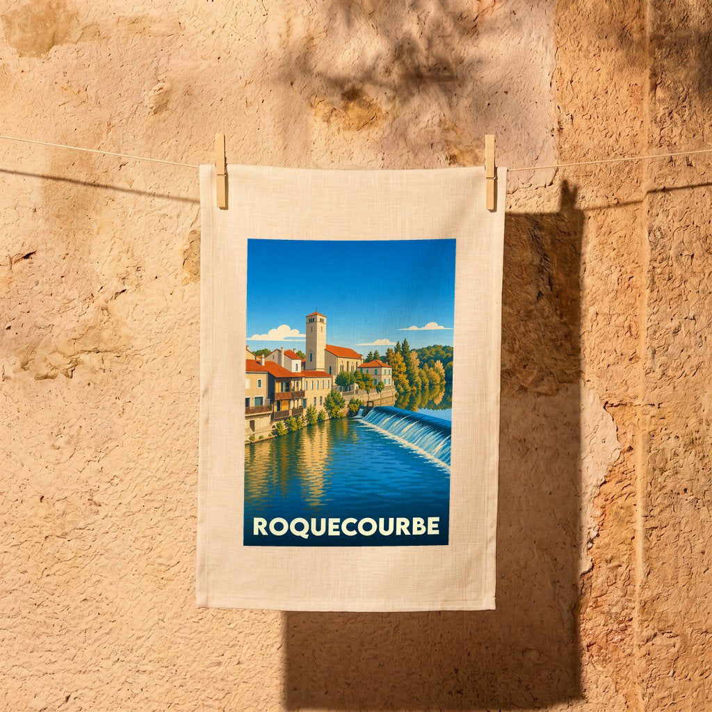 Torchon souvenir de la ville de Roquecourbe arborant une illustration stylisée de son église et de la rivière.