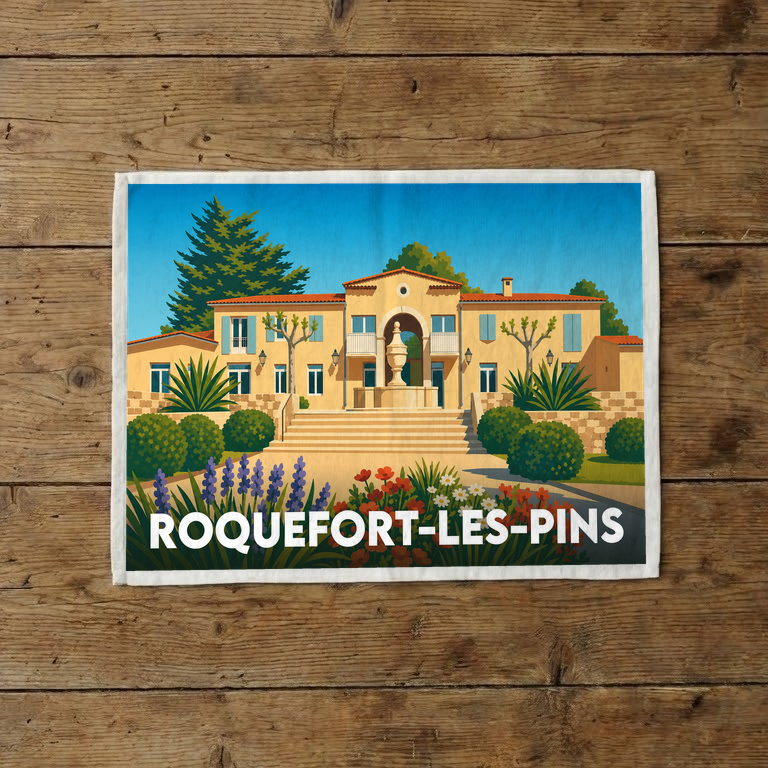 Torchon souvenir de la ville de Roquefort-les-Pins avec une illustration stylisée d'une villa provençale.