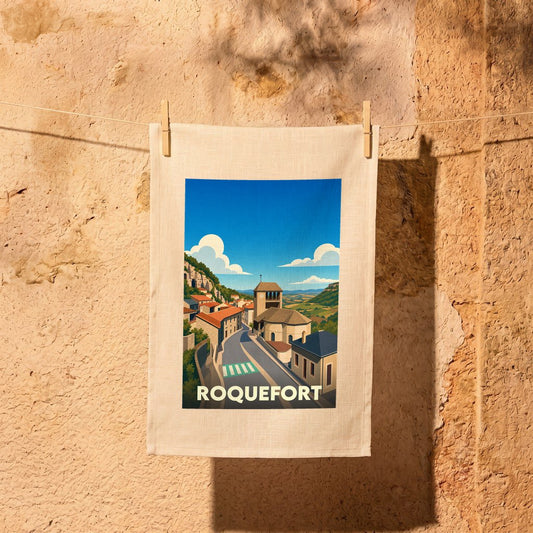Torchon souvenir de la ville de Roquefort avec une illustration stylisée d'un paysage de village.