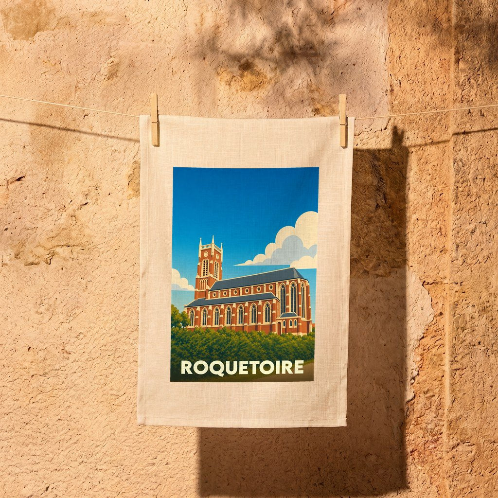 Torchon souvenir de la ville de Roquetoire avec une illustration stylisée de son église.