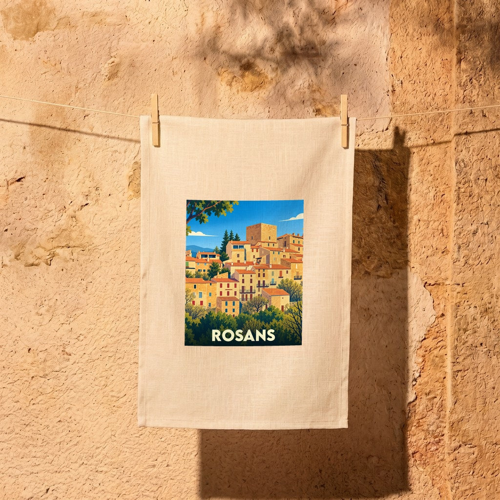 Torchon souvenir de la ville de Rosans orné d'une illustration stylisée de ses maisons provençales.
