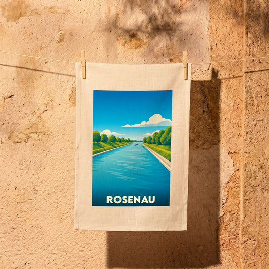 Torchon souvenir de la ville de Rosenau avec une illustration stylisée d'un canal bordé de verdure.