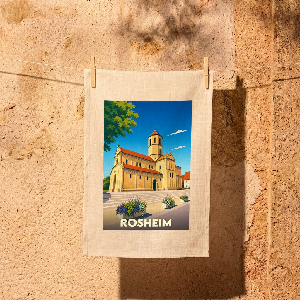Torchon souvenir de la ville de Rosheim avec une illustration stylisée de son église romane.
