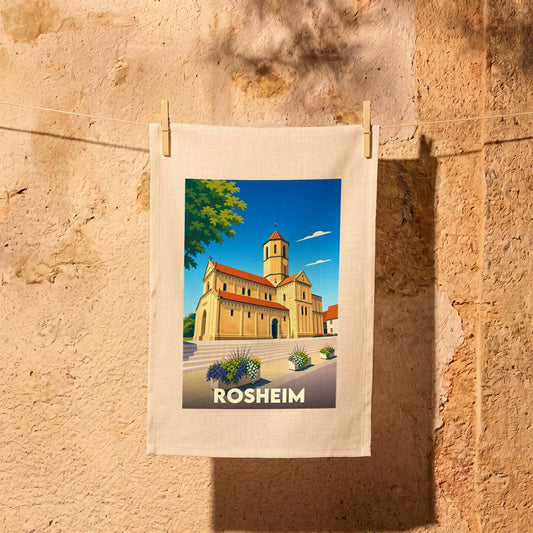 Torchon souvenir de la ville de Rosheim avec une illustration stylisée de son église romane.