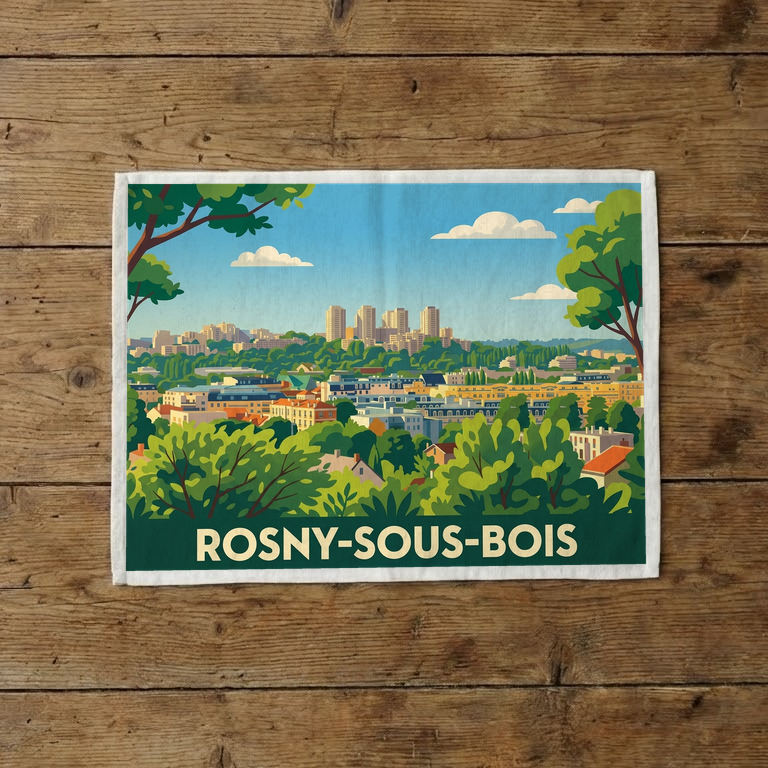 Torchon souvenir de la ville de Rosny-sous-Bois avec une illustration paysagère stylisée.