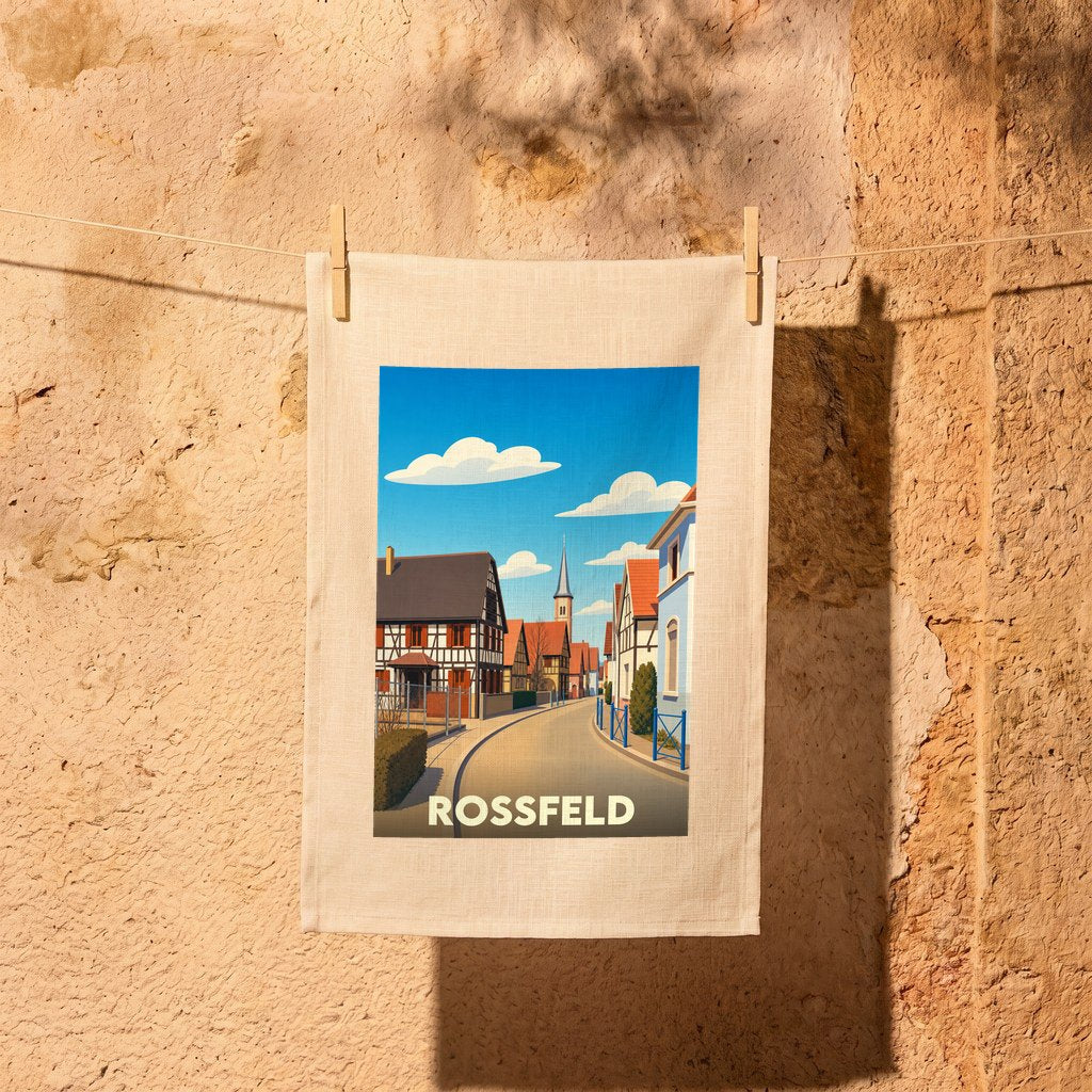 Torchon souvenir de la ville de Rossfeld avec une illustration stylisée de ses maisons à colombages.