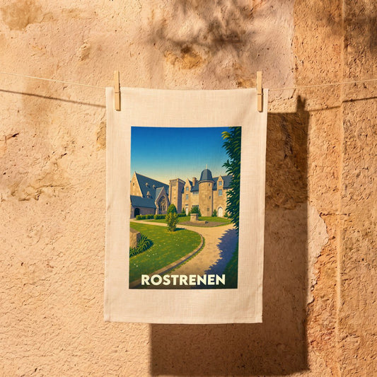 Torchon souvenir de la ville de Rostrenen avec une illustration stylisée d'un château et de ses jardins.
