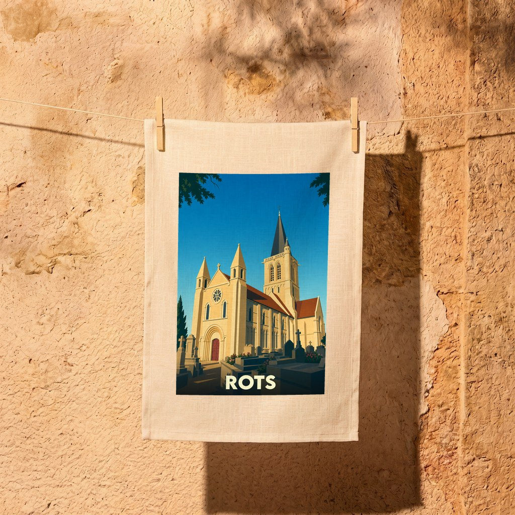 Torchon souvenir de la ville de Rots avec une illustration stylisée de son église.