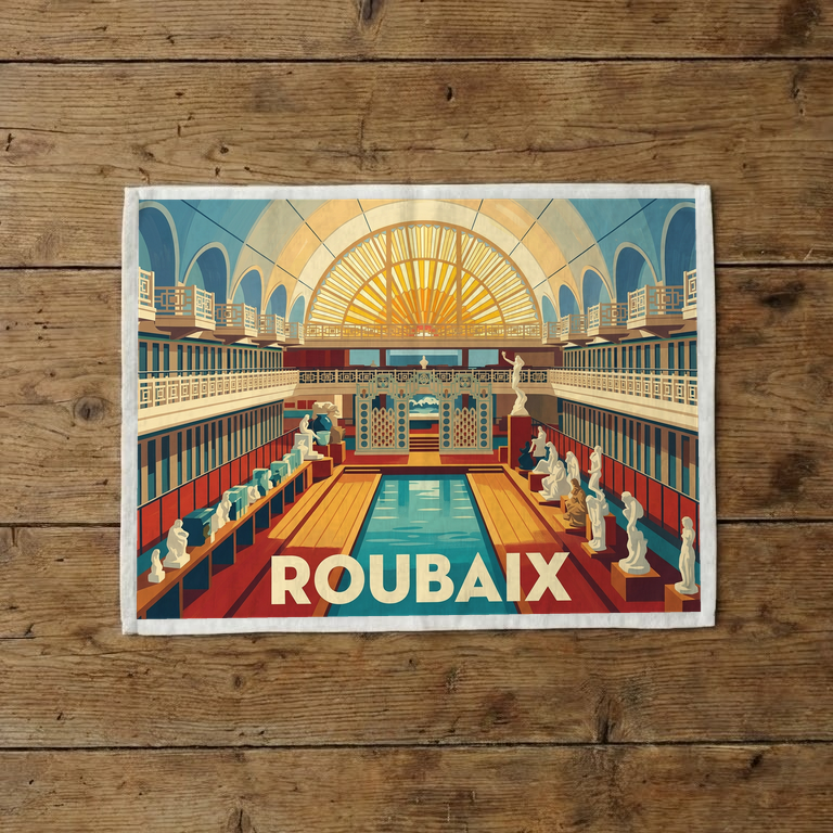 Torchon souvenir de la ville de Roubaix avec une illustration stylisée du musée La Piscine.