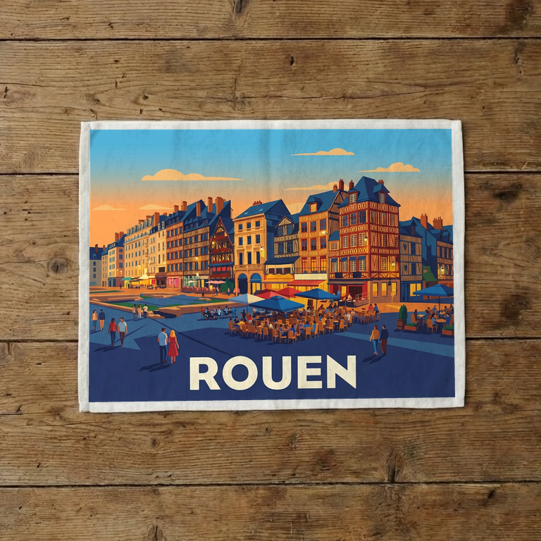 Torchon souvenir de la ville de Rouen avec une illustration stylisée de ses maisons à colombages.