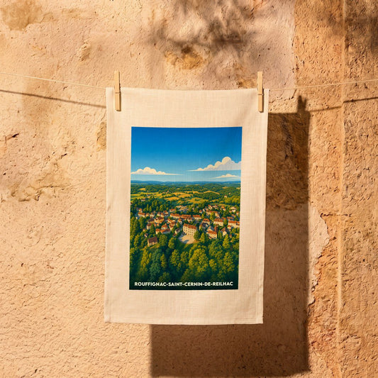 Torchon souvenir de la ville de Rouffignac-Saint-Cernin-de-Reilhac illustré par une vue aérienne stylisée.