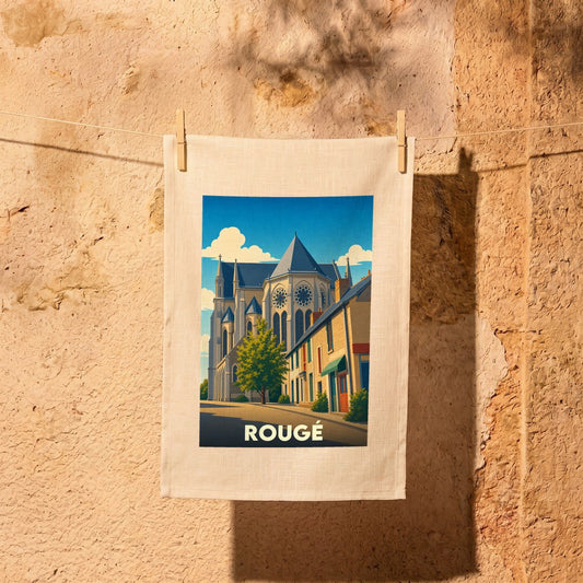 Torchon souvenir de la ville de Rougé avec une illustration stylisée d'une église gothique.