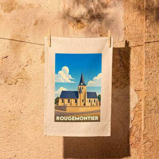 Torchon souvenir de la ville de Rougemontier avec une illustration stylisée d'une église sous un ciel bleu.
