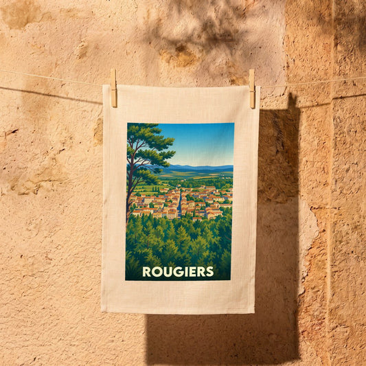 Torchon souvenir de la ville de Rougiers avec une illustration stylisée.