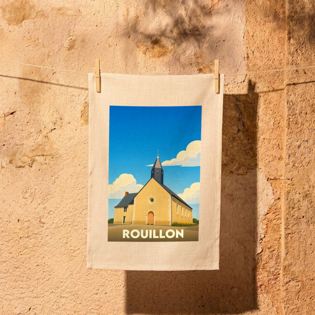 Torchon souvenir de la ville de Rouillon illustré d'un dessin stylisé de son église.