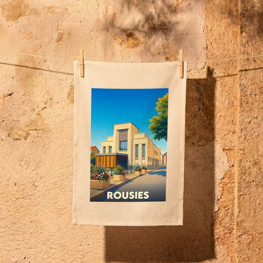 Torchon souvenir de la ville de Rousies avec une illustration stylisée.