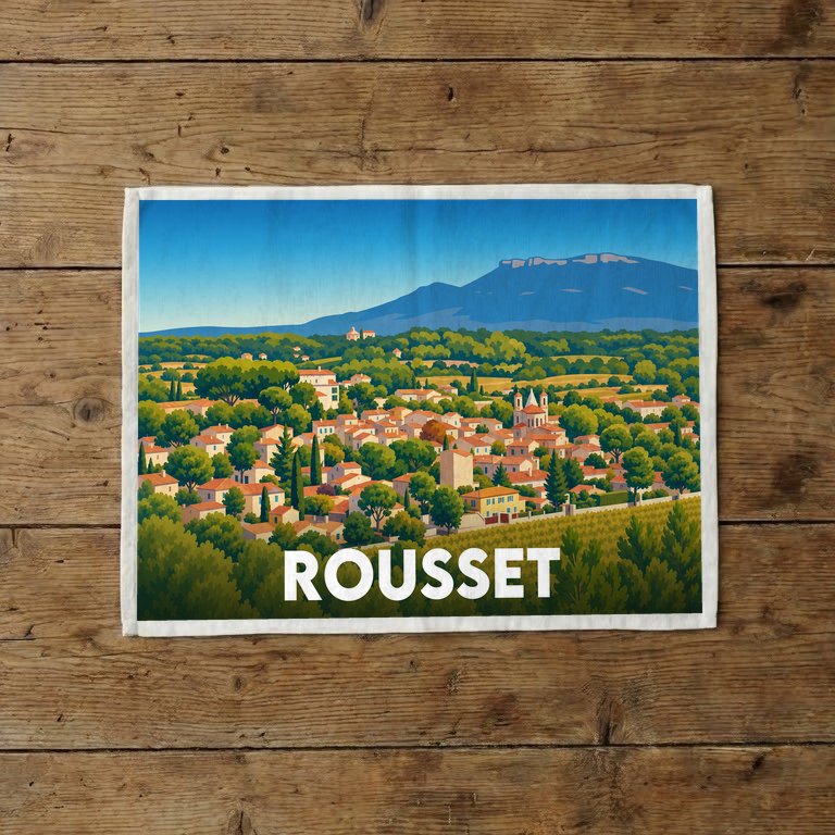 Torchon souvenir de la ville de Rousset avec une illustration stylisée du village provençal et de la montagne.