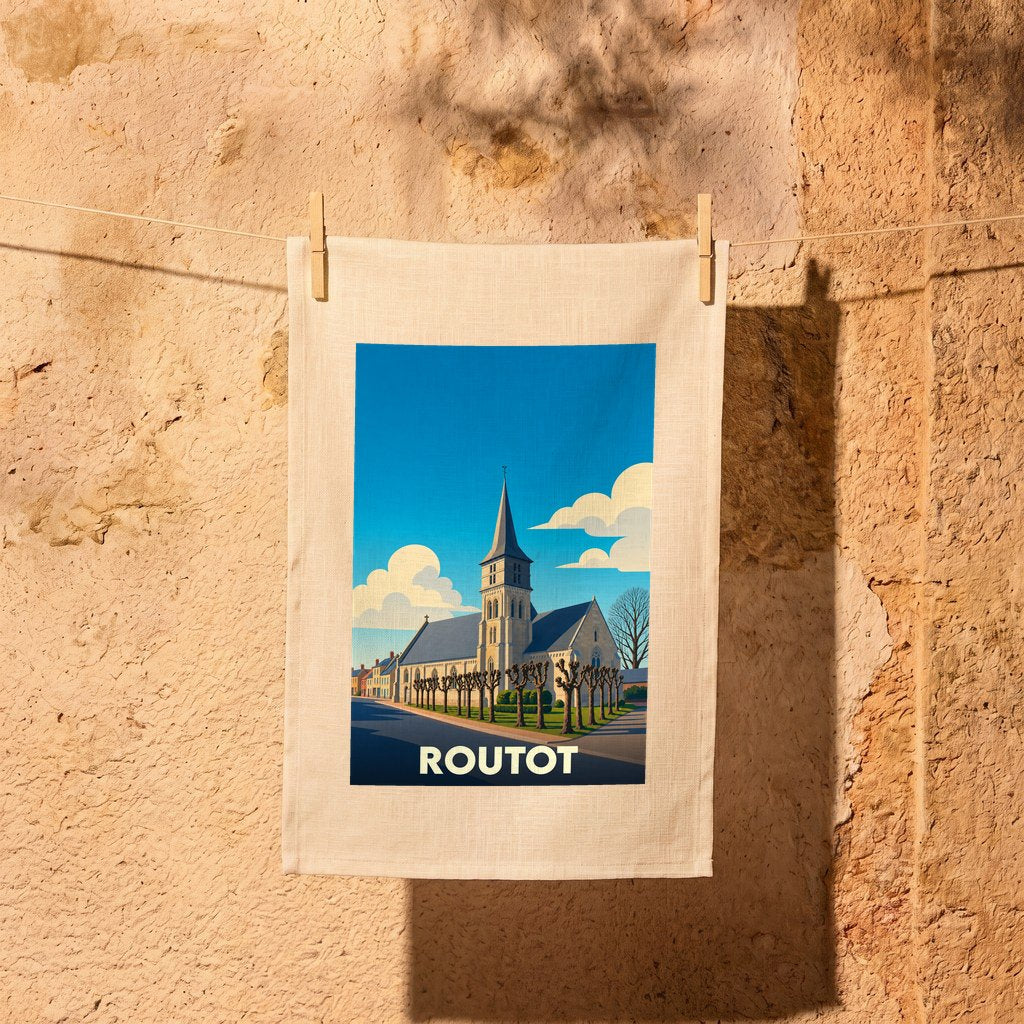 Torchon souvenir de la ville de Routot avec une illustration stylisée d'une église sous un ciel bleu.