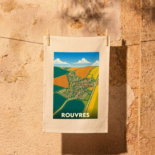 Torchon souvenir de la ville de Rouvres avec une illustration stylisée vue du ciel.