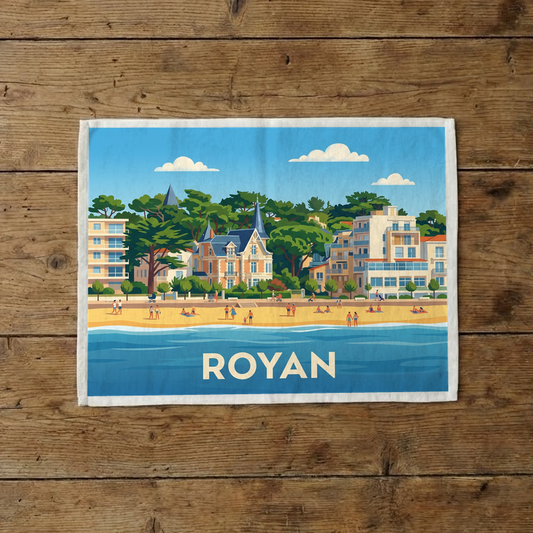 Torchon souvenir de la ville de Royan avec une illustration stylisée de sa plage et de son architecture.