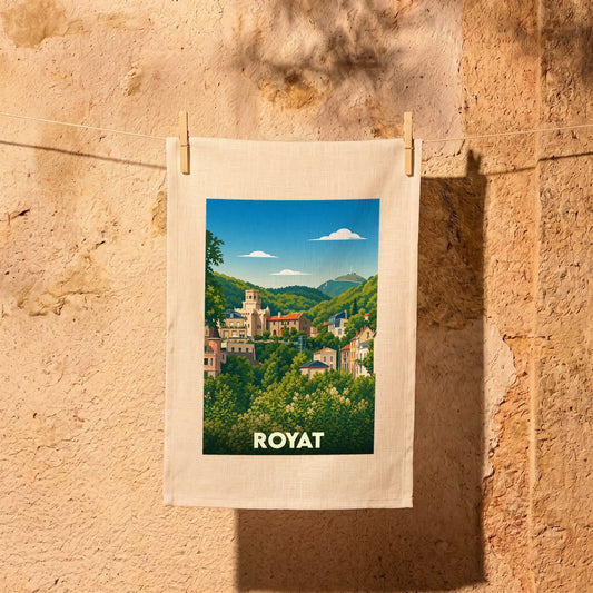 Torchon souvenir de la ville de Royat orné d'une illustration stylisée de ses paysages et bâtiments historiques.