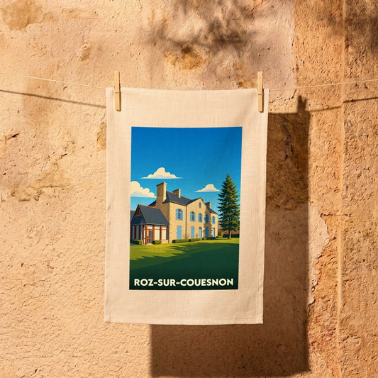 Torchon souvenir de la ville de Roz-sur-Couesnon avec une illustration stylisée d'un manoir breton.
