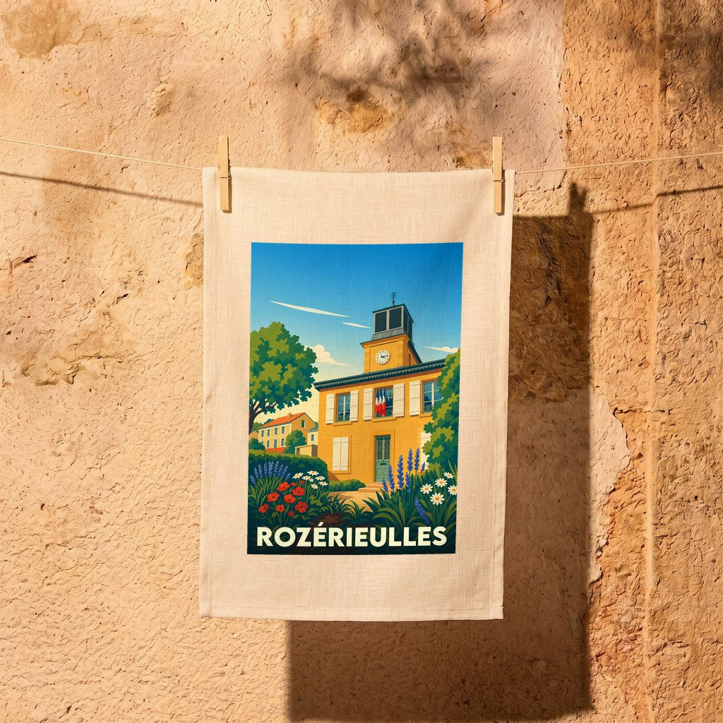 Torchon souvenir de la ville de Rozérieulles avec une illustration colorée et stylisée de sa mairie.