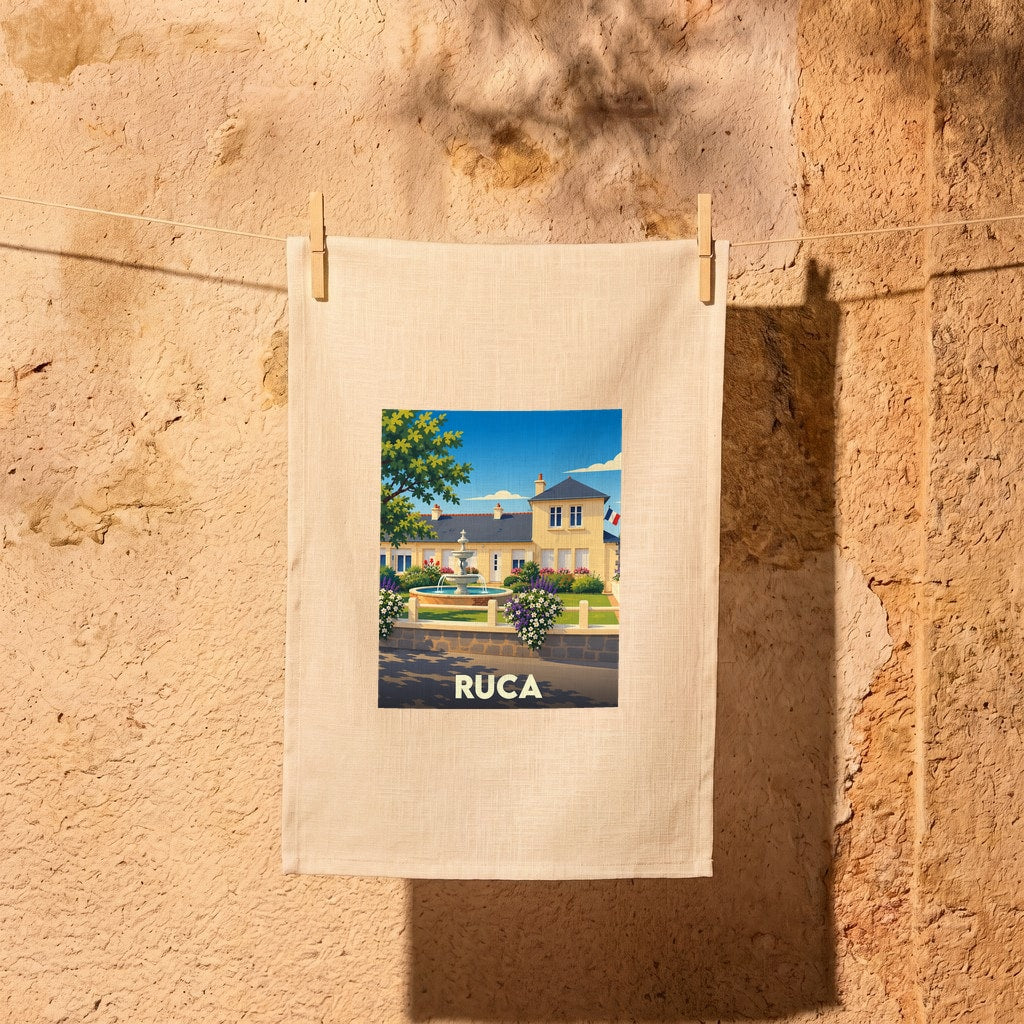 Torchon souvenir de la ville de Ruca avec une illustration stylisée.