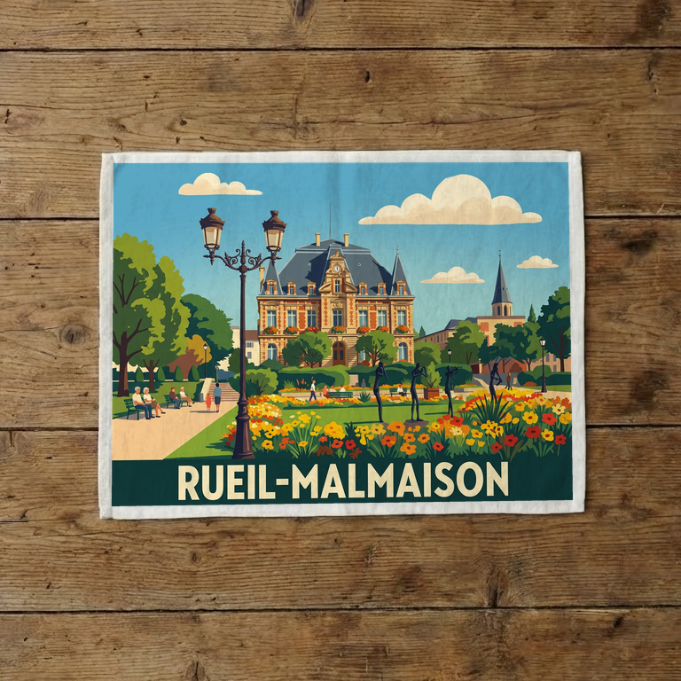 Torchon souvenir de la ville de Rueil-Malmaison avec une illustration stylisée.