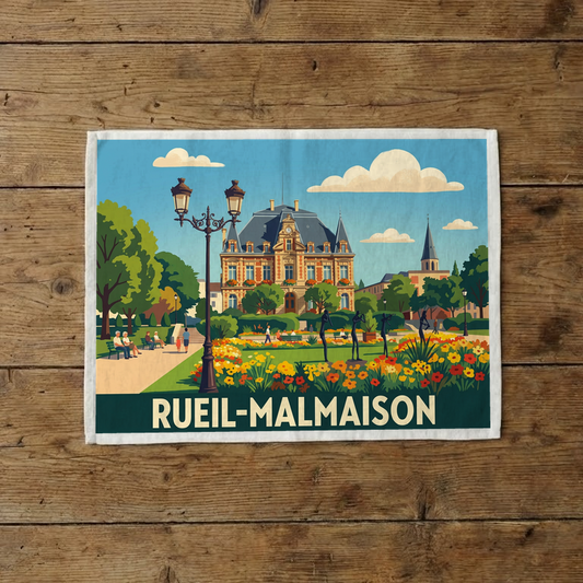 Torchon souvenir de la ville de Rueil-Malmaison avec une illustration stylisée.