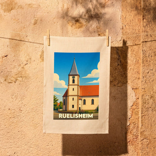 Torchon souvenir de la ville de Ruelisheim avec une illustration stylisée de son église.