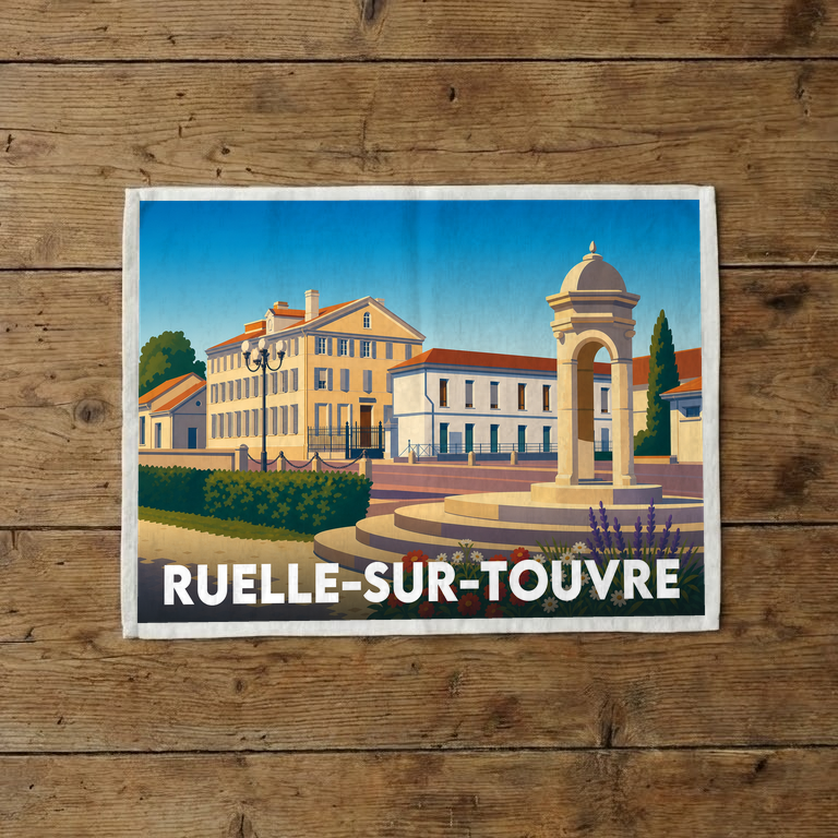 Torchon souvenir de la ville de Ruelle-sur-Touvre avec une illustration stylisée de son architecture locale.