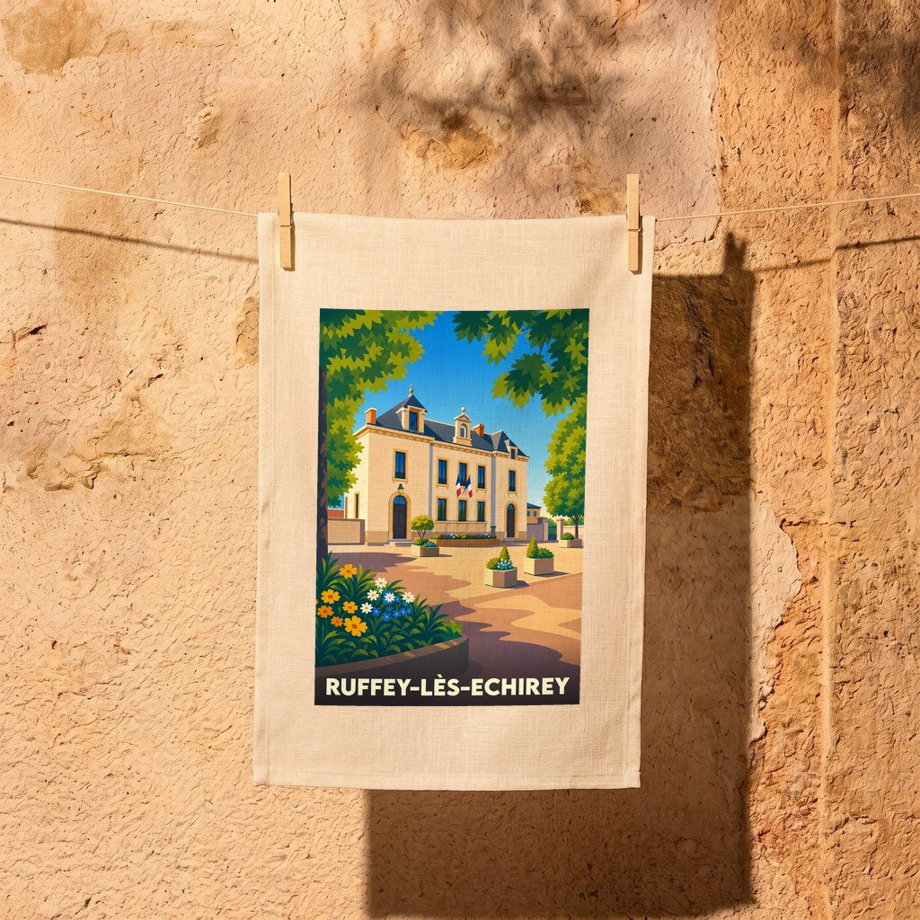 Torchon souvenir de la ville de Ruffey-lès-Echirey avec une illustration stylisée de sa mairie.