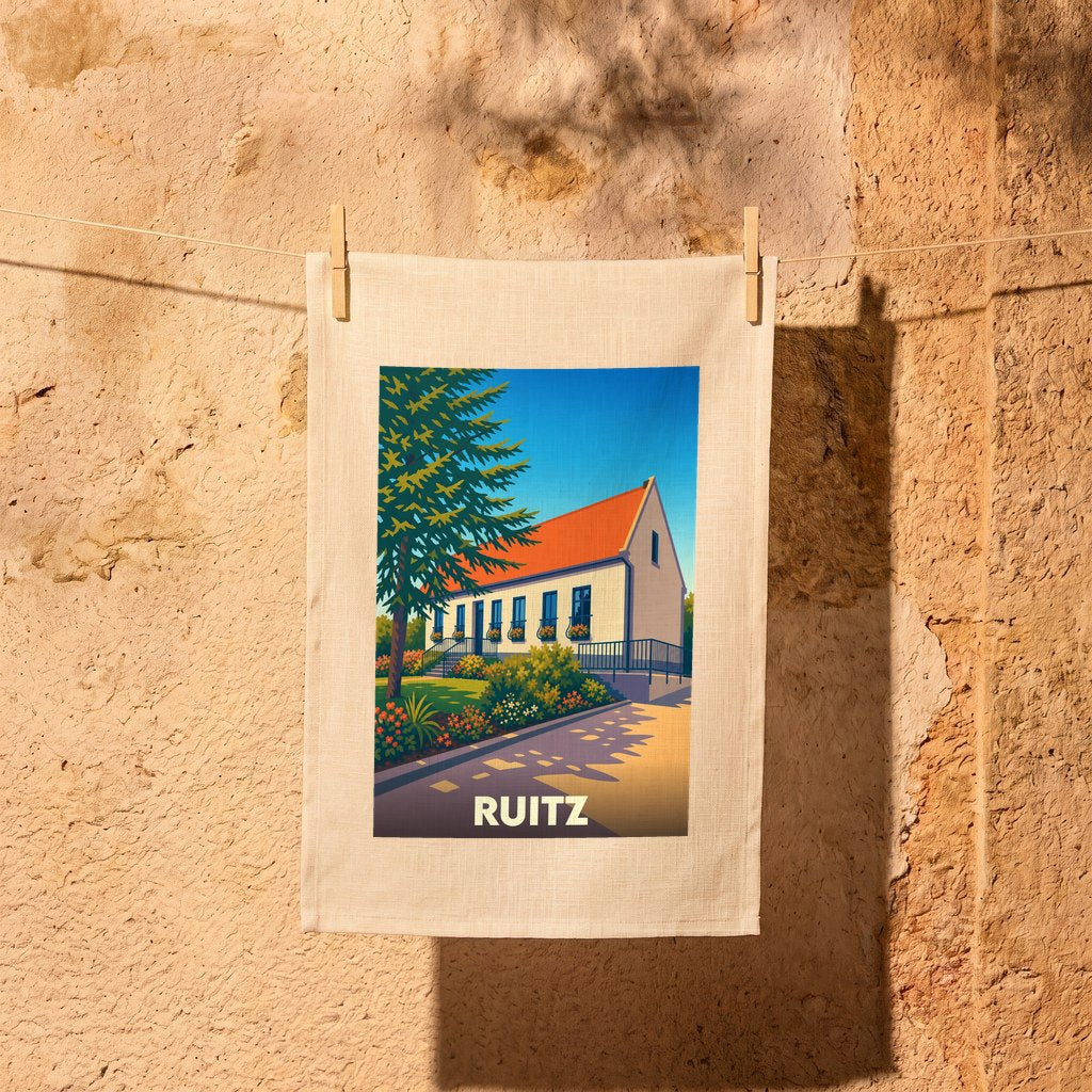 Torchon souvenir de la ville de Ruitz avec une illustration stylisée d'une maison traditionnelle.