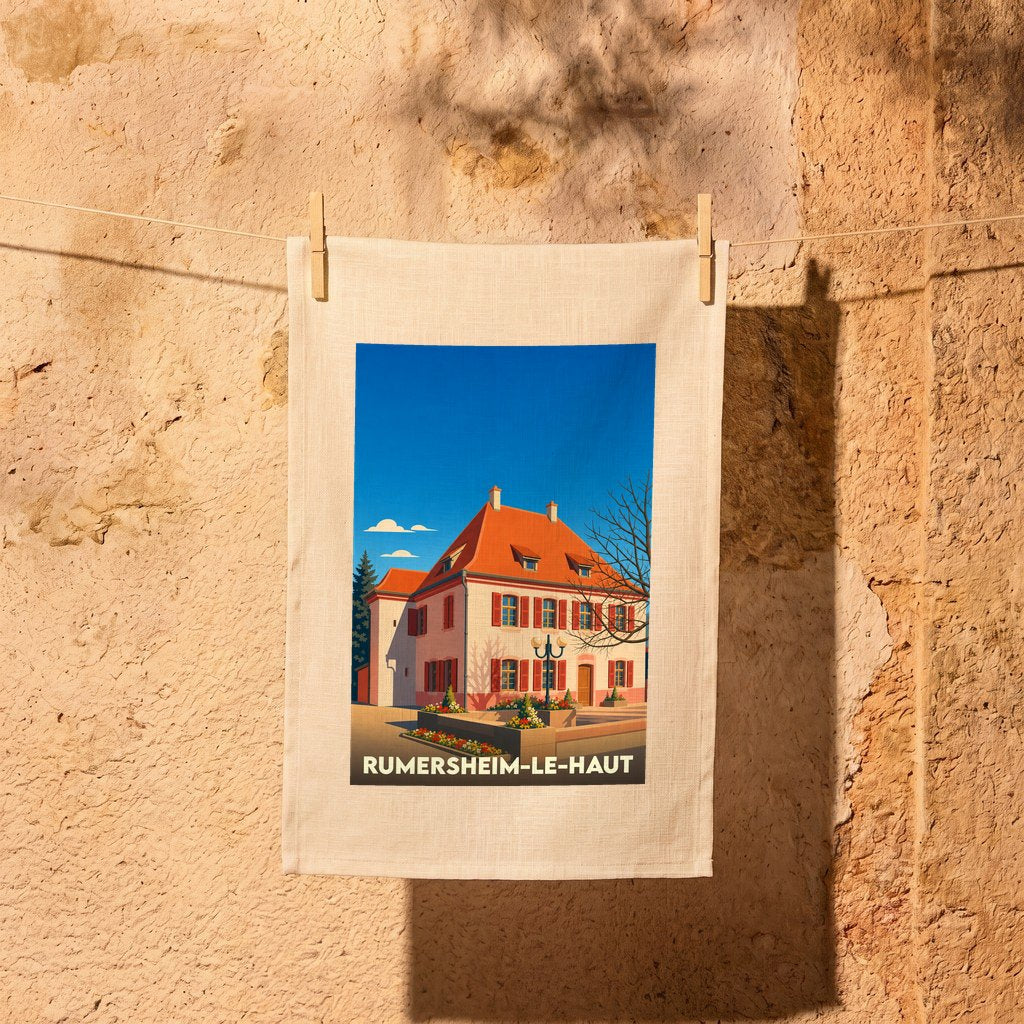 Torchon souvenir de Rumersheim-le-Haut illustré d'une maison alsacienne sous un ciel bleu azur.