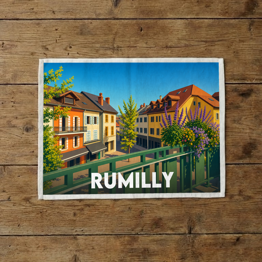 Torchon souvenir de la ville de Rumilly avec une illustration stylisée et colorée de ses bâtiments.