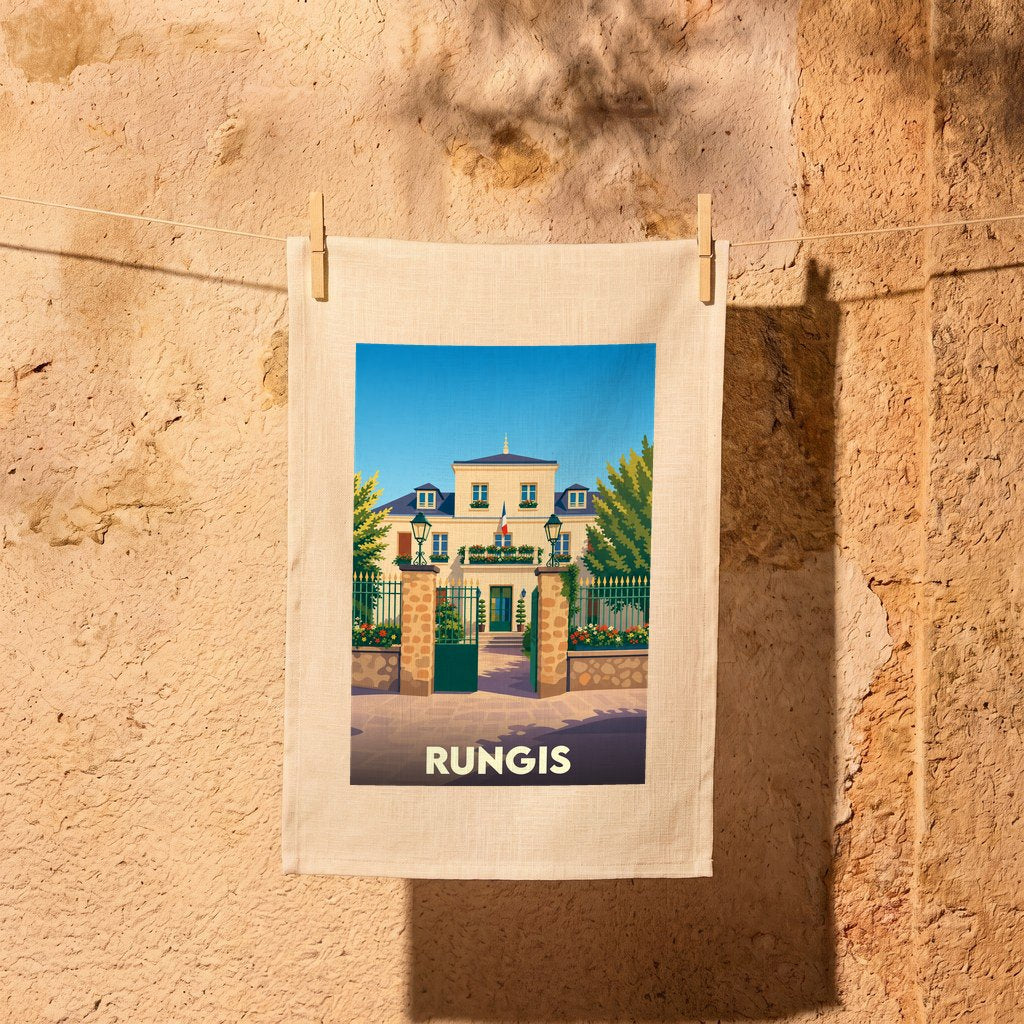 Torchon souvenir de la ville de Rungis avec une illustration stylisée de l'hôtel de ville.