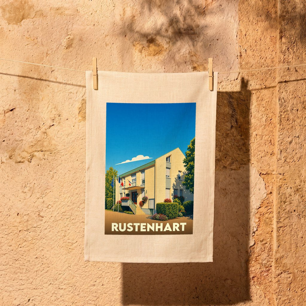 Torchon souvenir de la ville de Rustenhart orné d'une illustration stylisée de sa mairie.