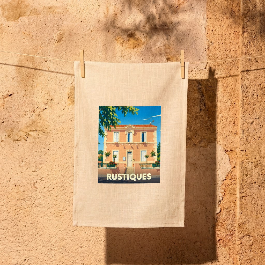 Torchon souvenir de la ville de Rustiques avec une illustration stylisée d'une maison provençale.