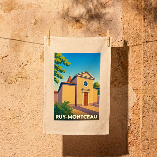 Torchon souvenir de la ville de Ruy-Montceau avec une illustration stylisée de son église.