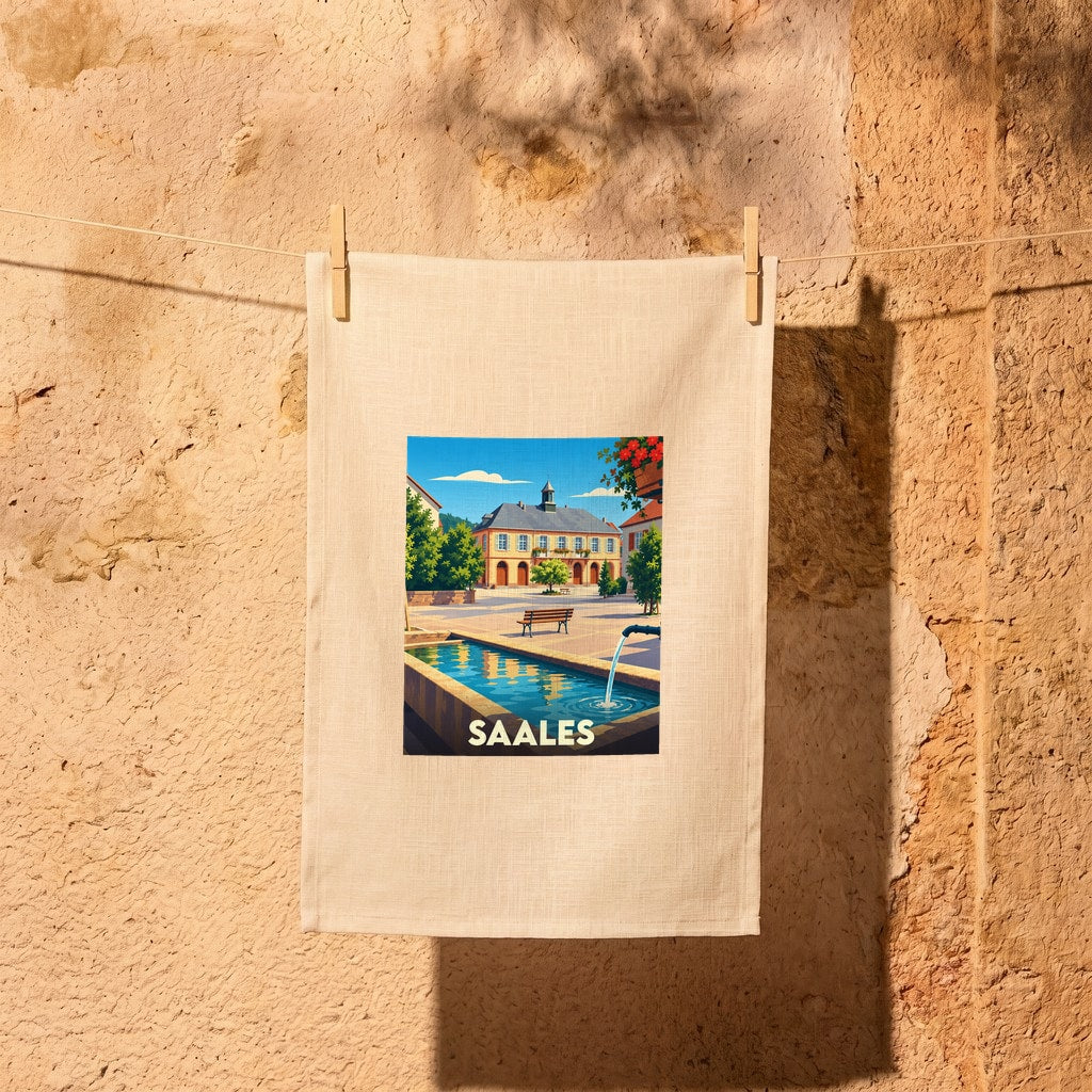 Torchon souvenir de la ville de Saales avec une illustration stylisée d'une place ensoleillée.