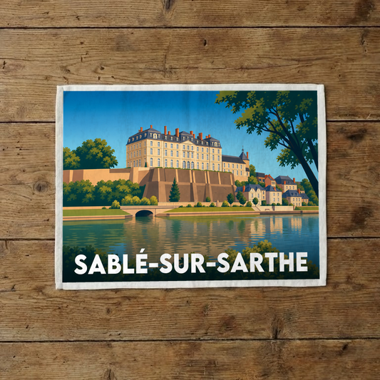 Torchon souvenir de la ville de Sablé-sur-Sarthe avec une illustration stylisée.
