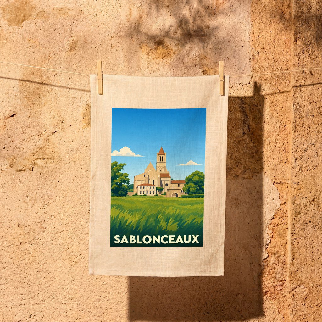 Torchon souvenir de la ville de Sablonceaux avec une illustration stylisée de son abbaye.