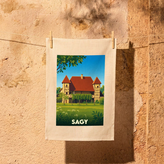 Torchon souvenir de la ville de Sagy illustré d'une bâtisse traditionnelle au toit rouge.